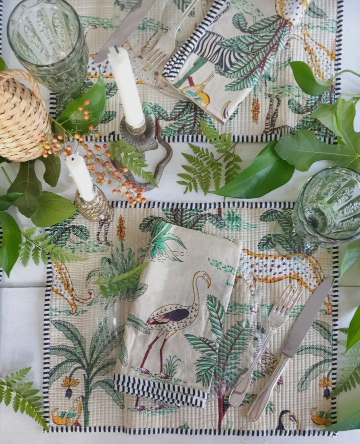 Jungle patterned handcrafted 100% cotton napkins-Ivory