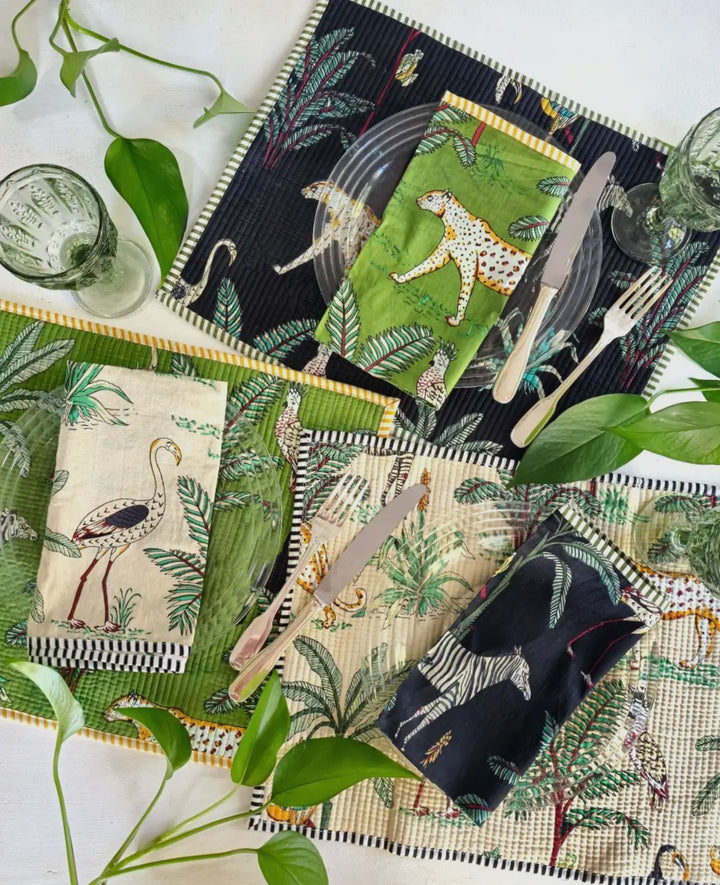 Jungle patterned handcrafted 100% cotton napkins-Ivory