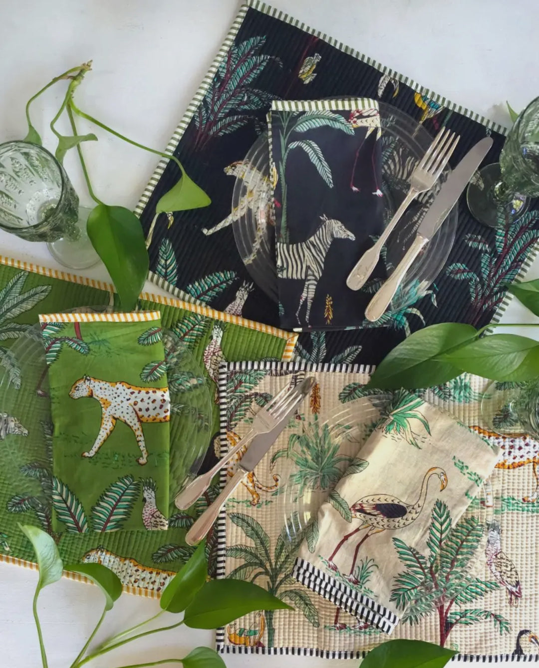 Jungle patterned handcrafted 100% cotton napkins-Ivory