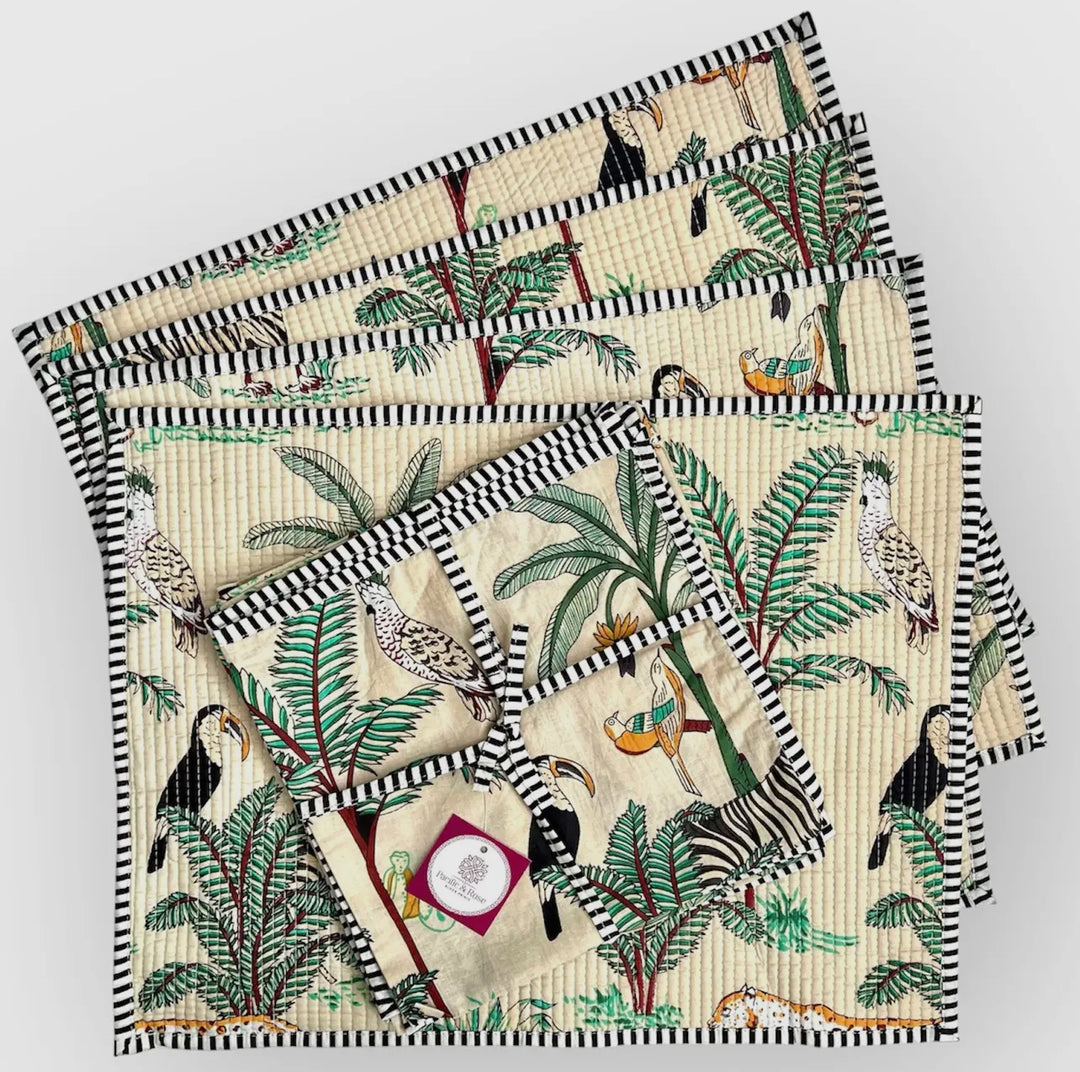 Jungle patterned handcrafted 100% cotton napkins-Ivory