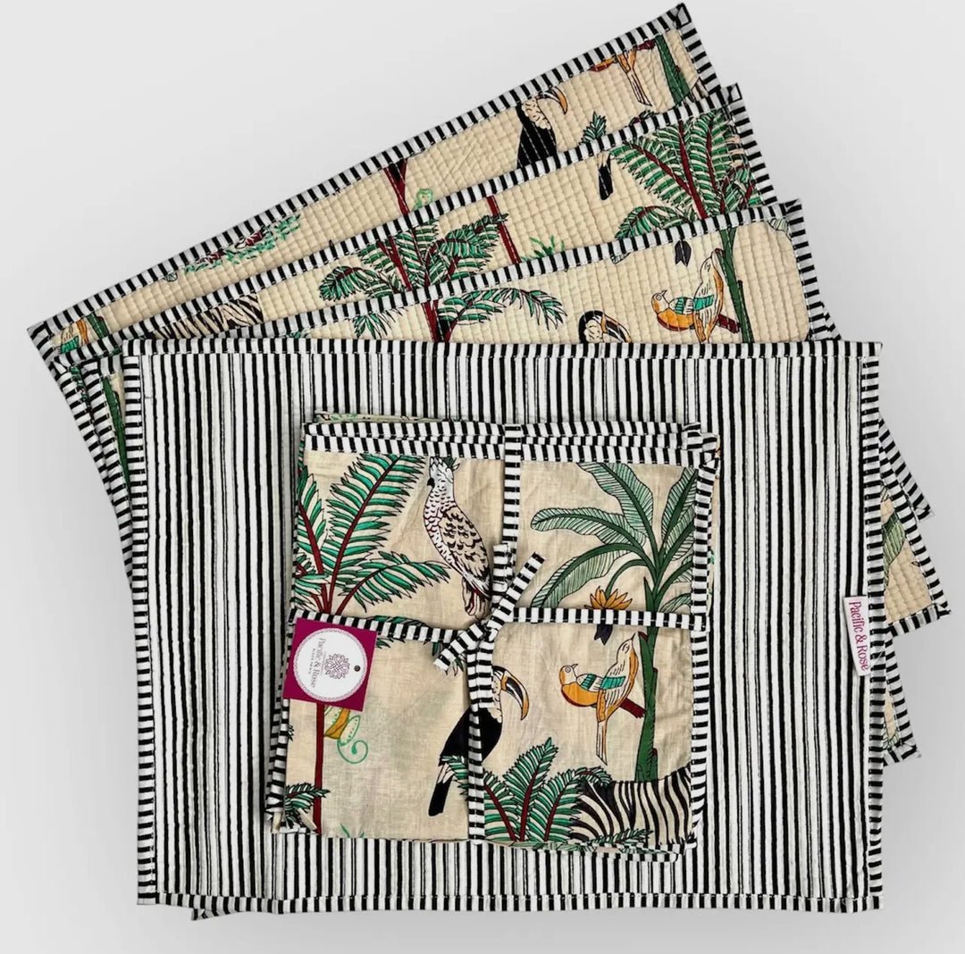 Jungle patterned handcrafted 100% cotton napkins-Ivory