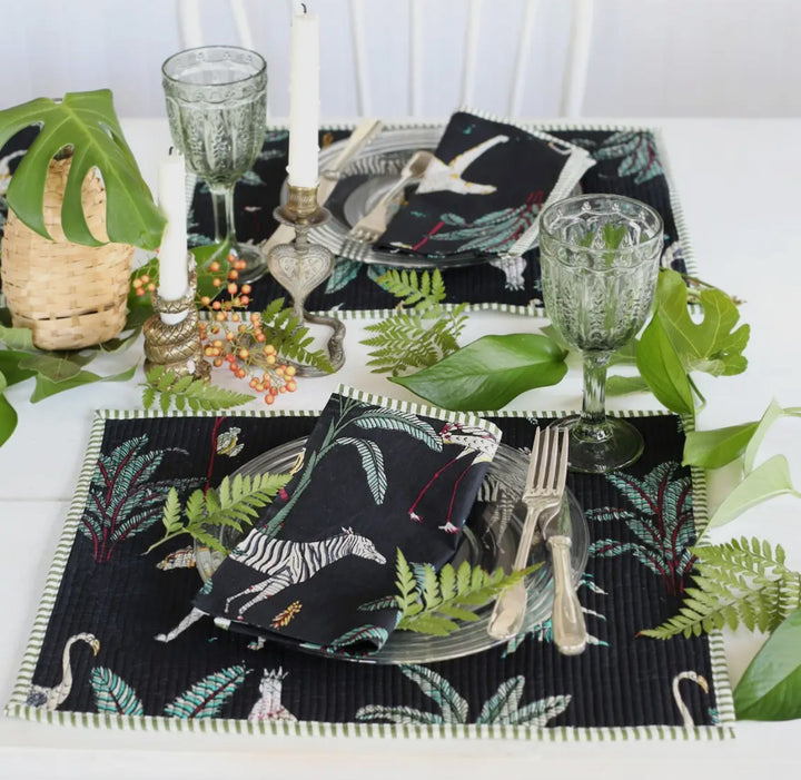 Jungle patterned handcrafted 100% cotton napkins-black