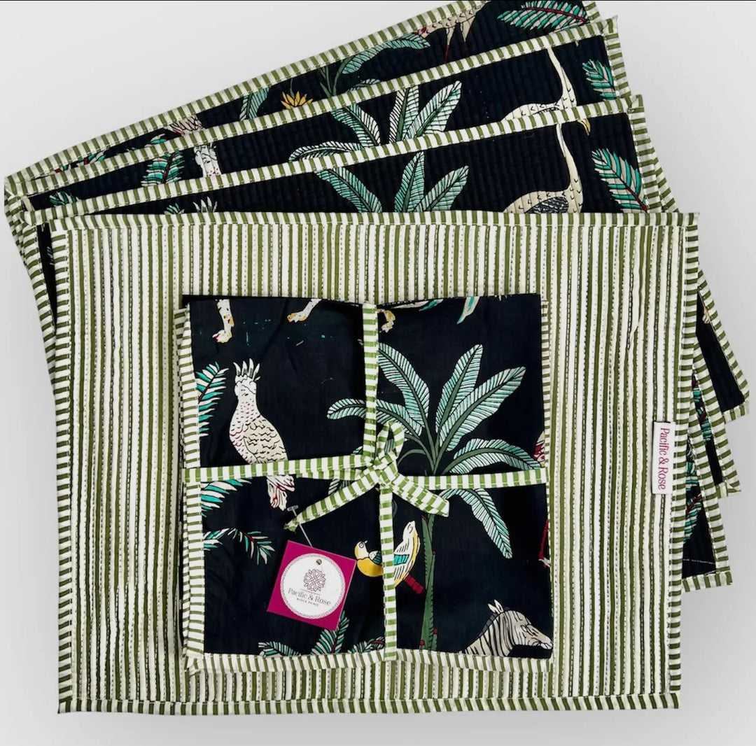 Jungle patterned handcrafted 100% cotton napkins-black