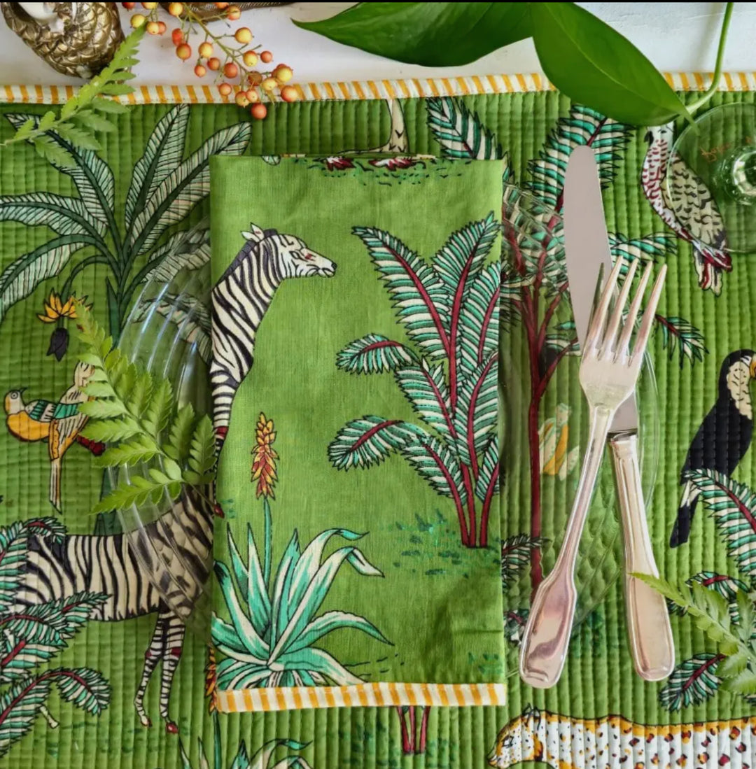 Jungle patterned handcrafted 100% cotton napkins-green