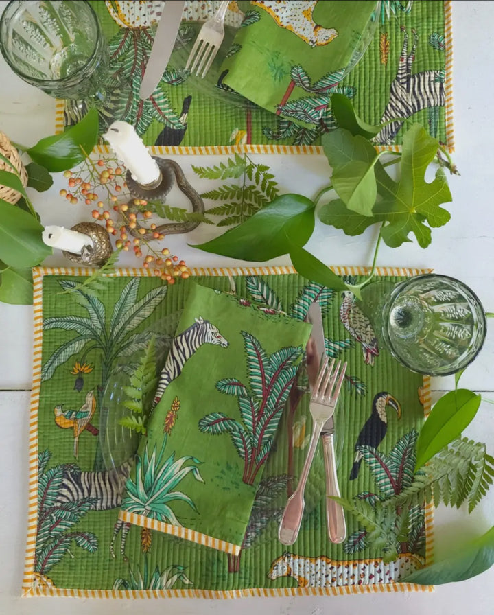 Jungle patterned handcrafted 100% cotton napkins-green