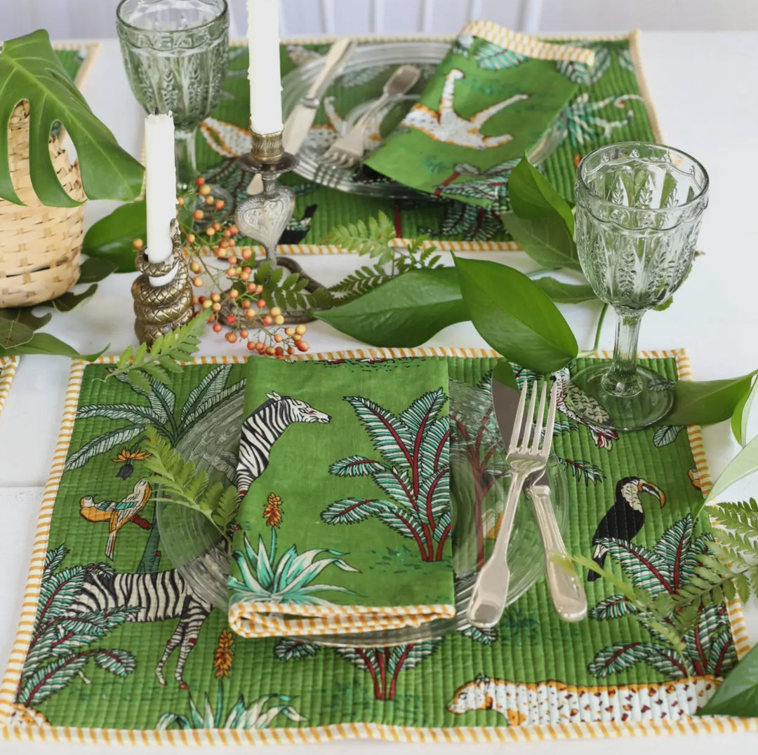 Placemats, Jungle pattern handmade 100% cotton-green