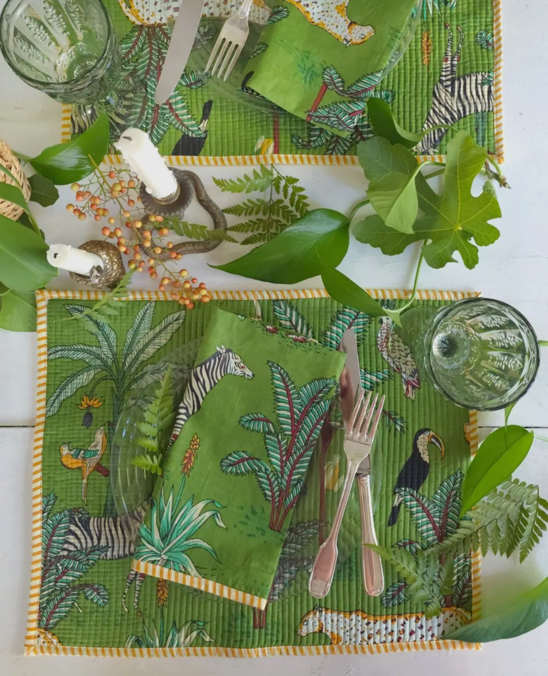 Placemats, Jungle pattern handmade 100% cotton-green