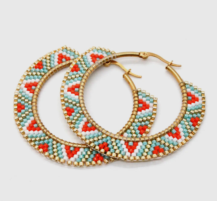 Miyuki Seed Bead Geometric Earrings-Turquoise/red