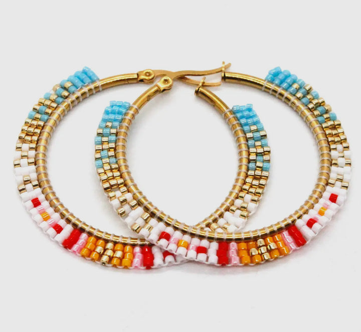 Miyuki Seed Bead Geomtric Hoop Earrings-Tuquoise/White/Red