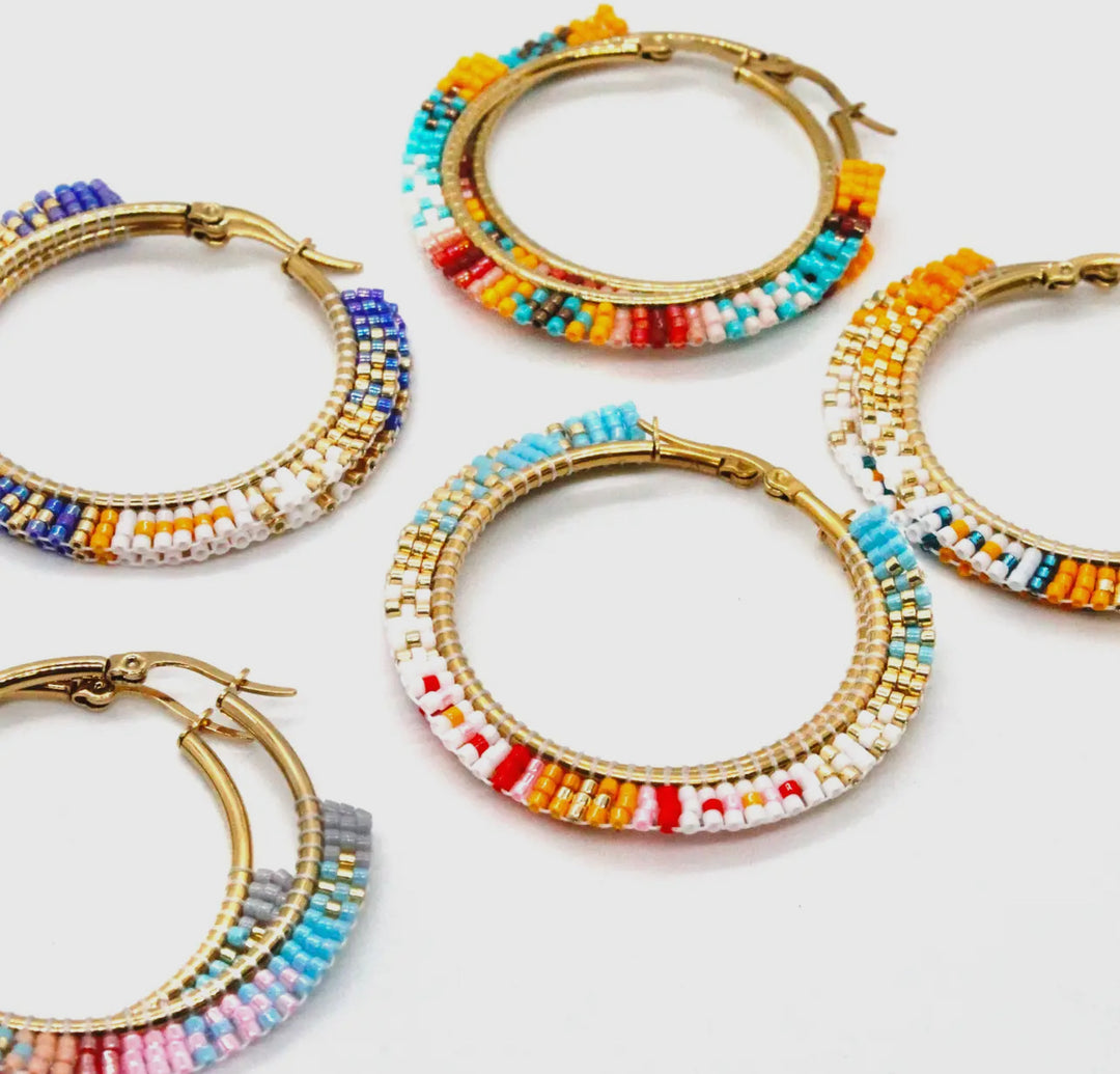 Miyuki Seed Bead Geomtric Hoop Earrings-Tuquoise/White/Red