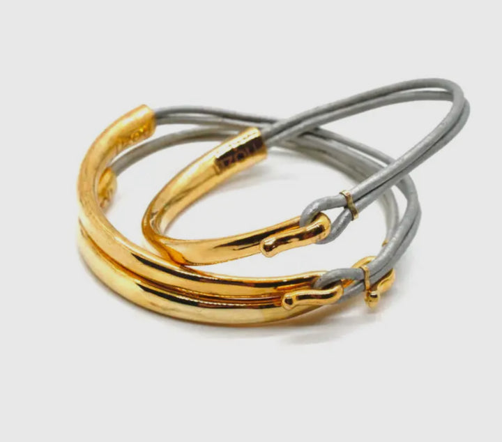 Leather and 18K Gold Plate Bangle Bracelet-Light gray