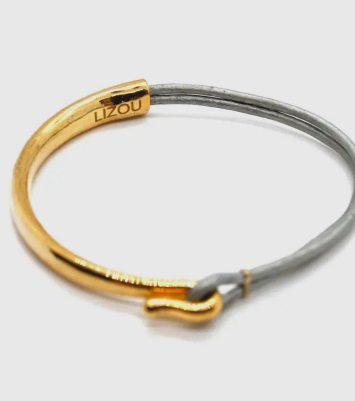 Leather and 18K Gold Plate Bangle Bracelet-Light gray