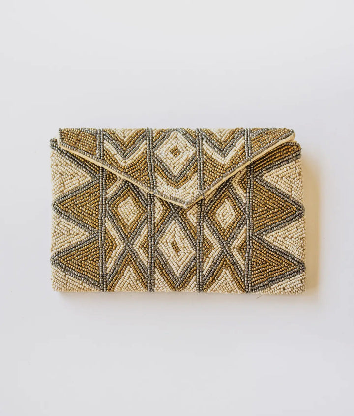 Mosaic Mantra Beaded Clutch Purse-Natural/Gold/Pewter