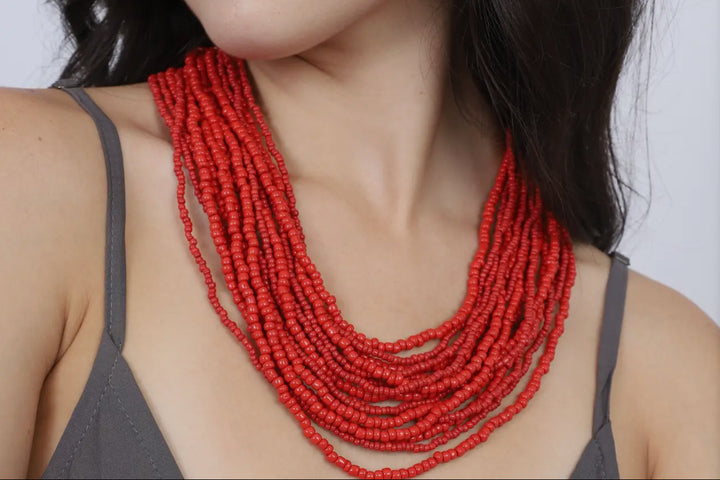 Big Buckle and Bead Necklace-Red