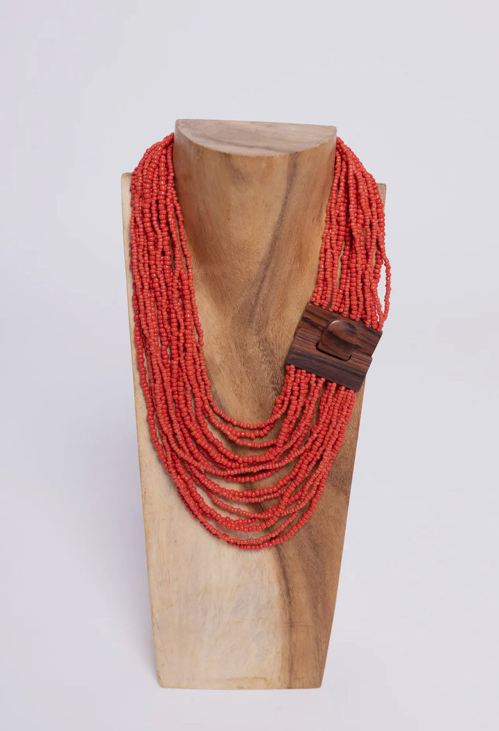 Big Buckle and Bead Necklace-Red