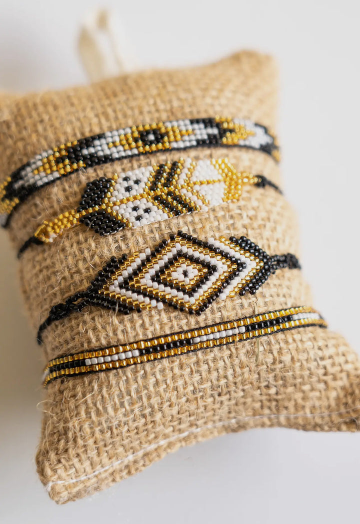 Boho Burlap Seed Bead Bracelet 4-pack-Black/Gold