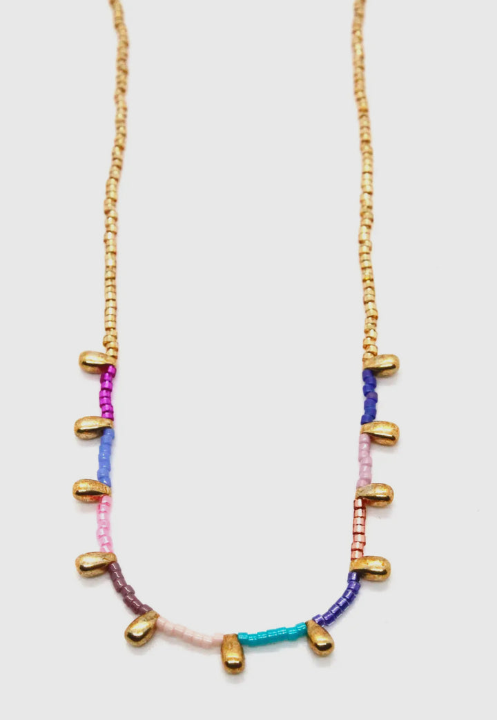 Seed Bead Necklace with Gold Droplets-pastel