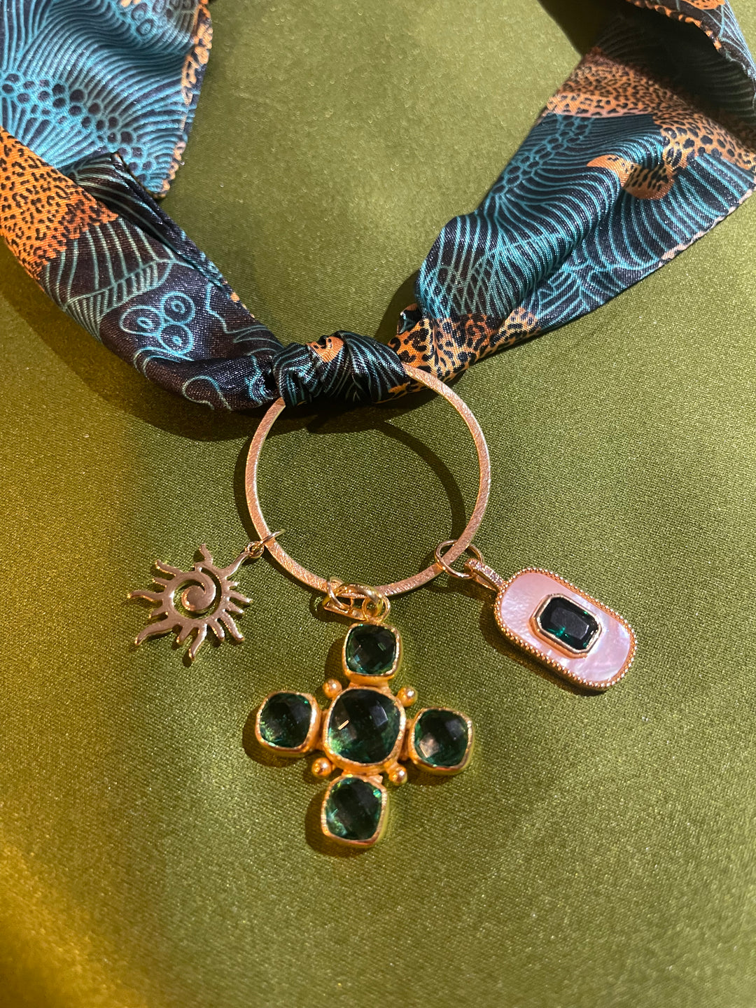 Scarf Charm Necklace-Green Leopard
