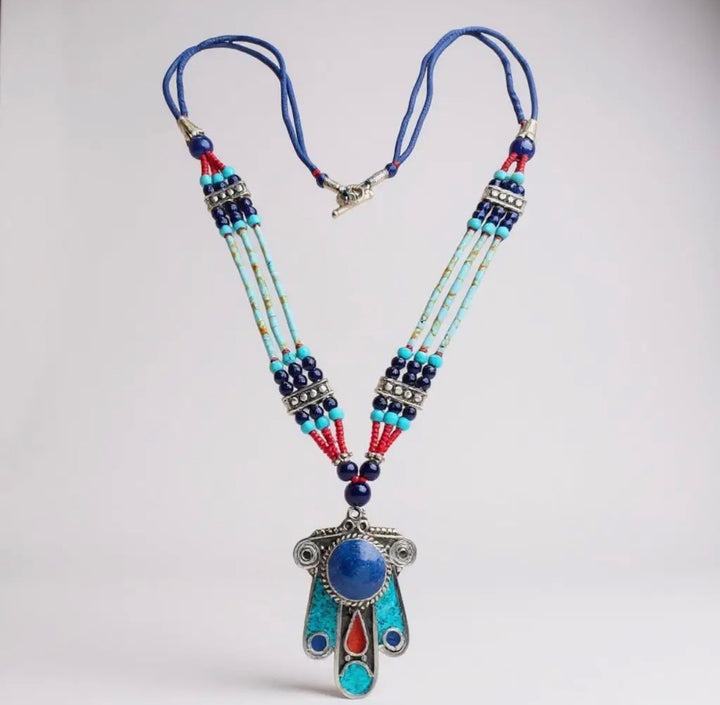 Hamsa Turquoise and Lapis Pendant Necklace