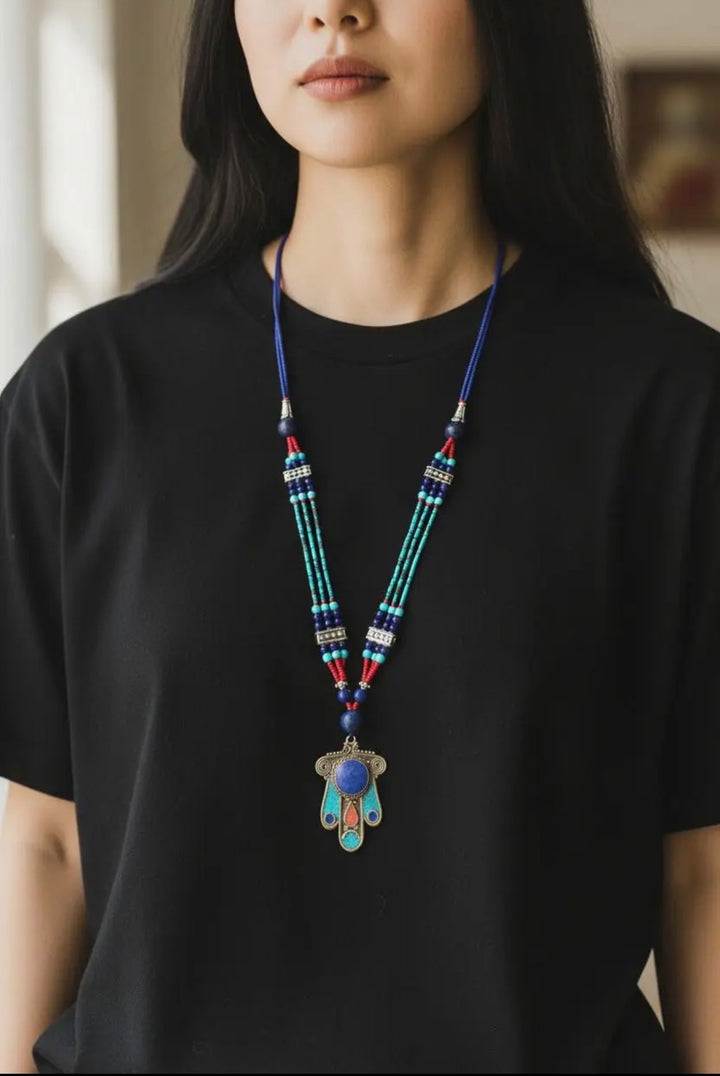Hamsa Turquoise and Lapis Pendant Necklace