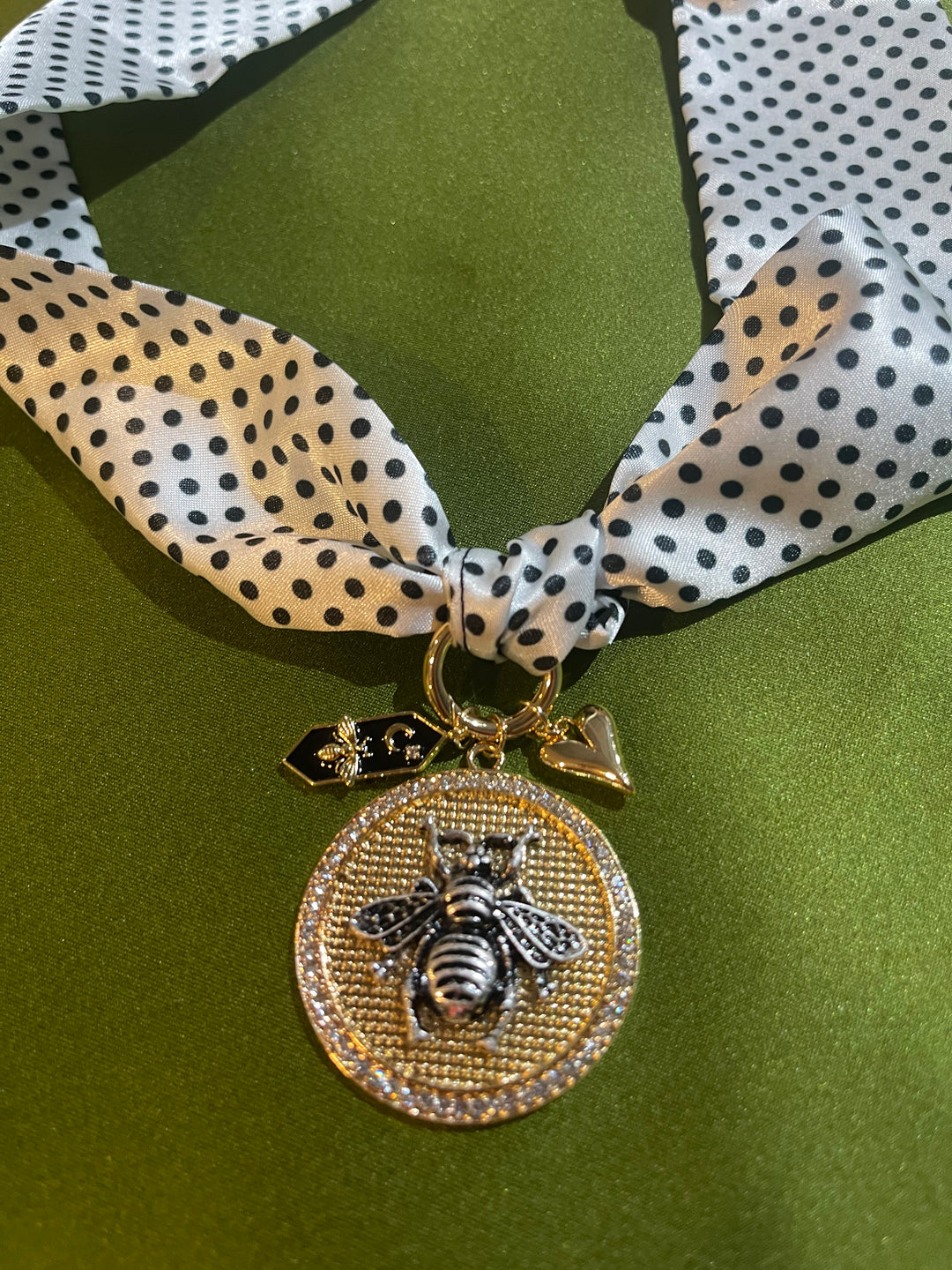 Scarf Charm Necklace-Polka Dots Black and White