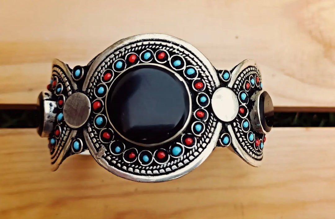 Hand Carved Afghan Black Agate Tribal Cuff Bracelet
