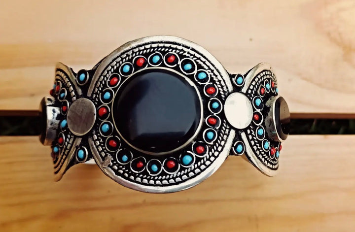 Hand Carved Afghan Black Agate Tribal Cuff Bracelet