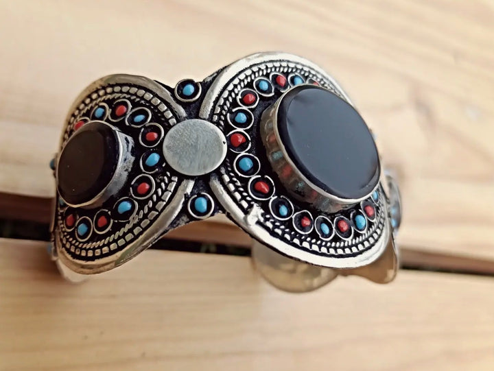 Hand Carved Afghan Black Agate Tribal Cuff Bracelet