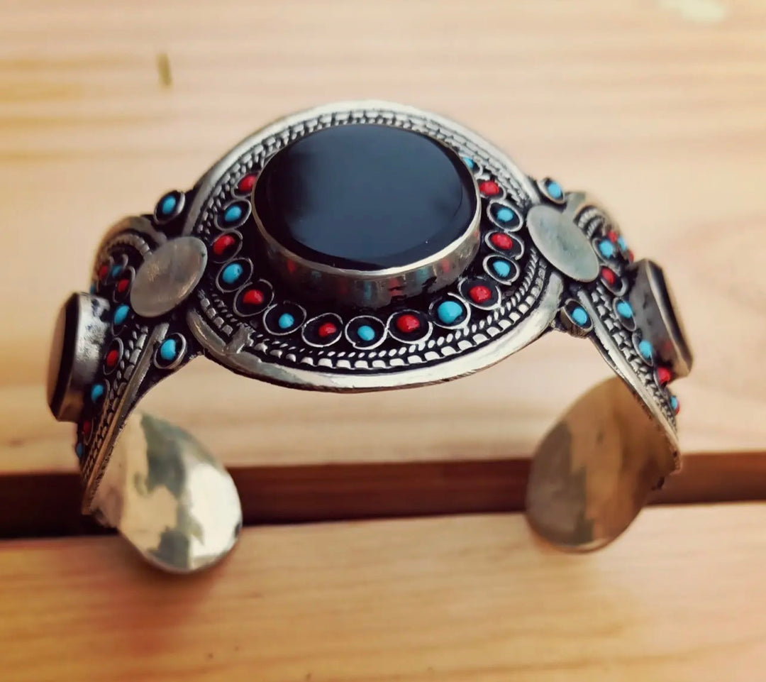 Hand Carved Afghan Black Agate Tribal Cuff Bracelet