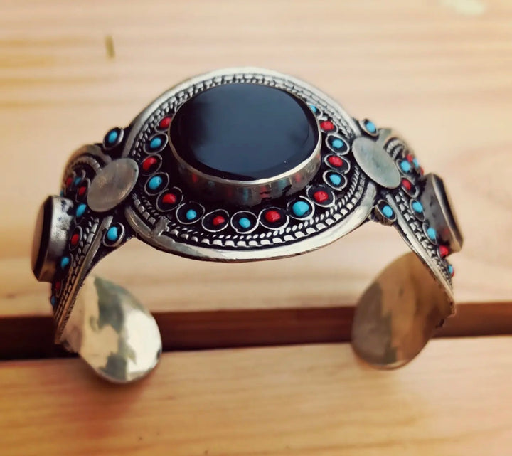 Hand Carved Afghan Black Agate Tribal Cuff Bracelet