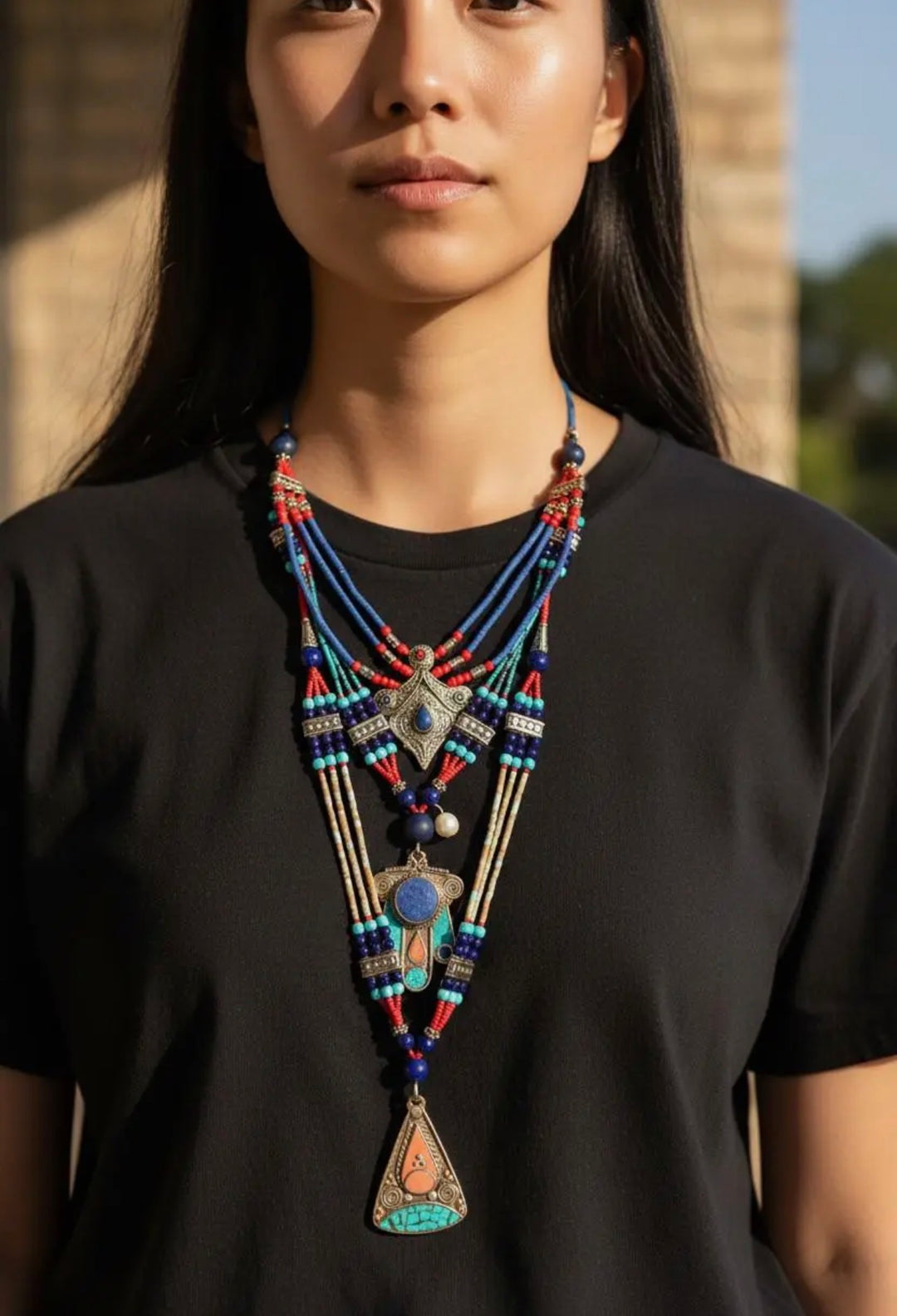Coral and Turquoise Boho Statement Pendant Necklace