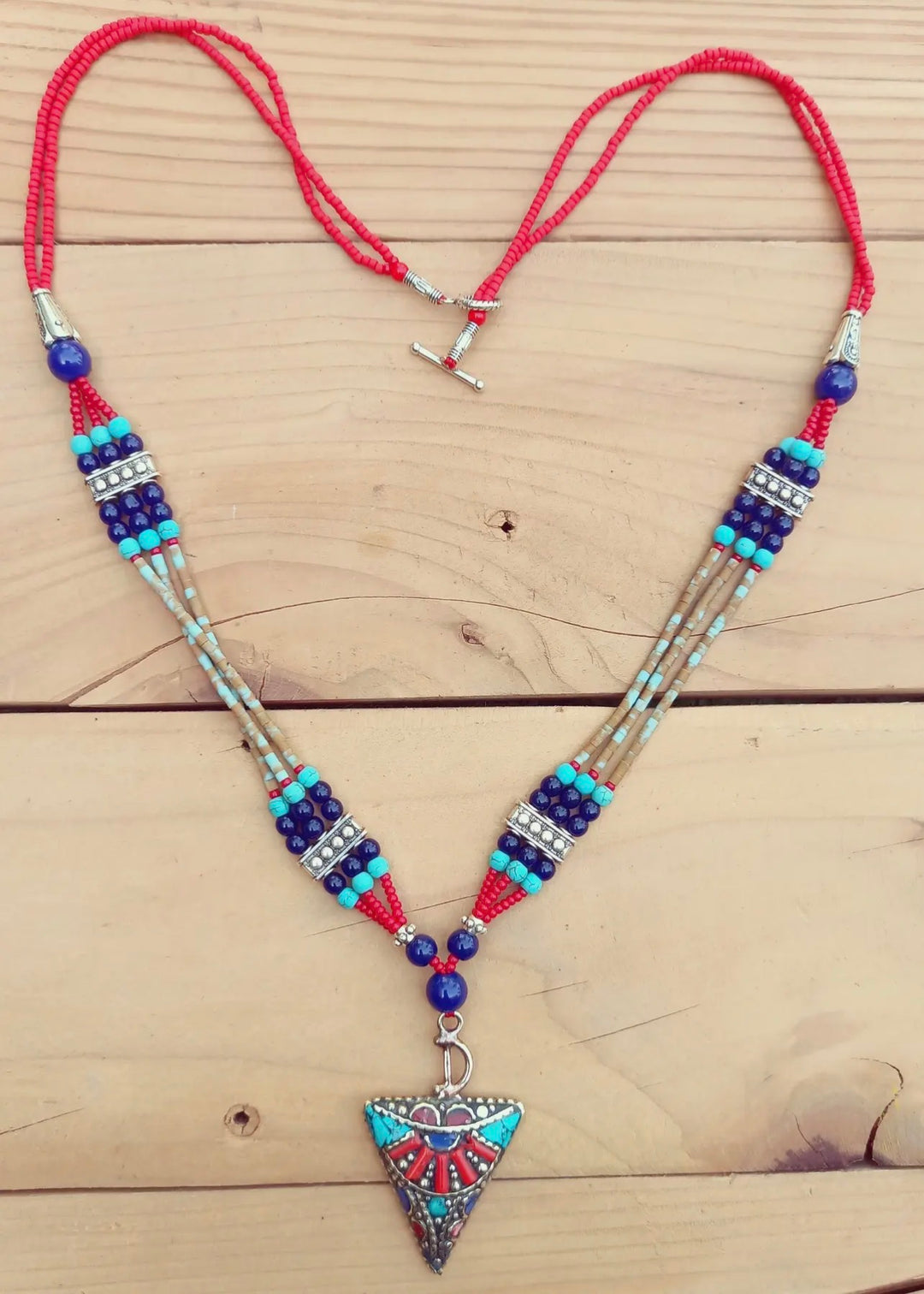 Coral and Turquoise Boho Statement Pendant Necklace