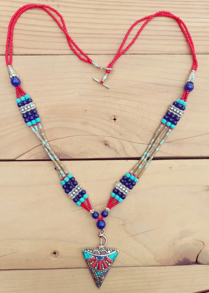 Coral and Turquoise Boho Statement Pendant Necklace