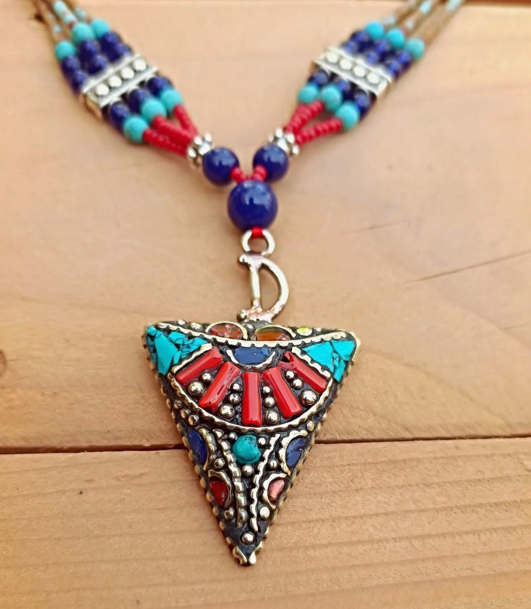 Coral and Turquoise Boho Statement Pendant Necklace