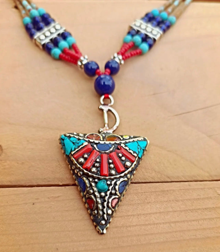 Coral and Turquoise Boho Statement Pendant Necklace