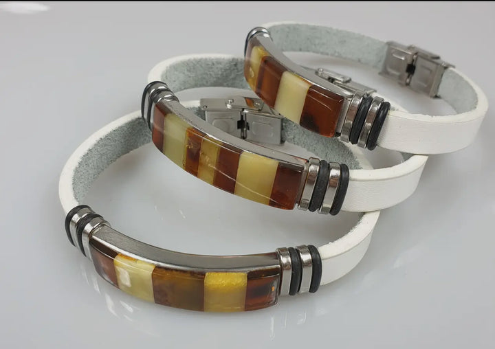 Men's White Leather and Baltic Amber Bracelet