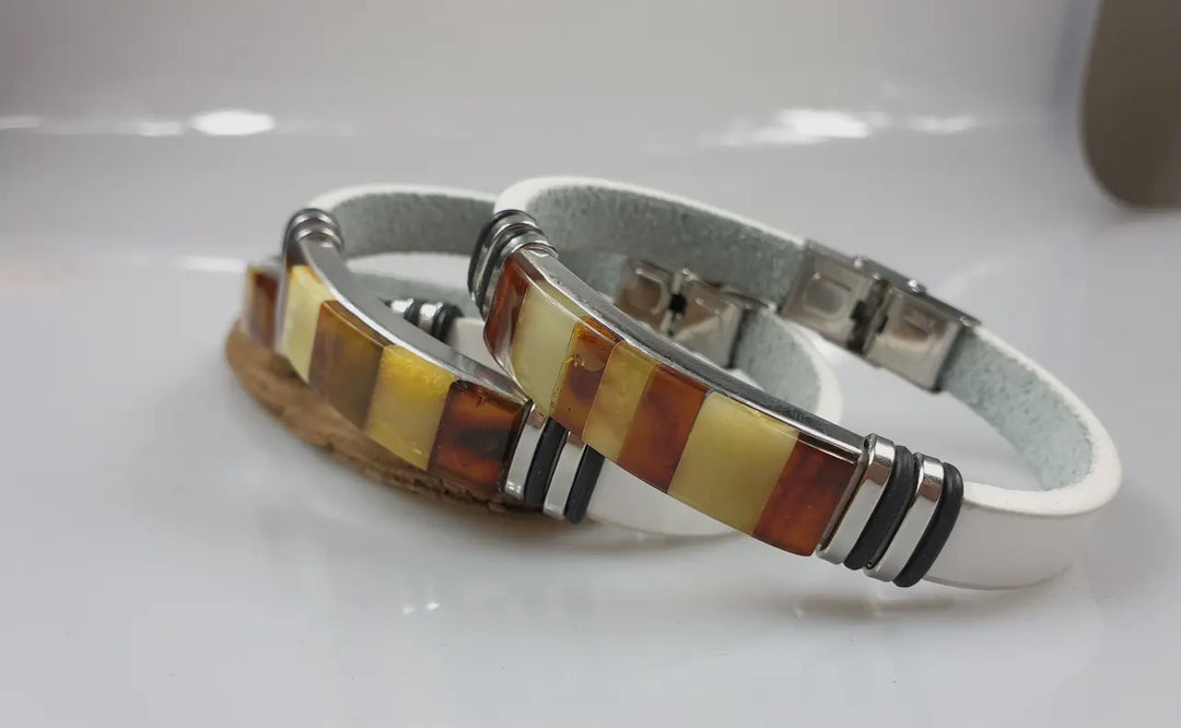 Men's White Leather and Baltic Amber Bracelet