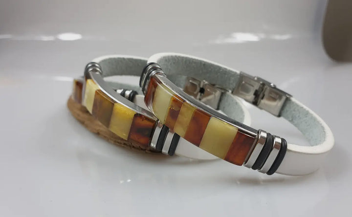 Men's White Leather and Baltic Amber Bracelet