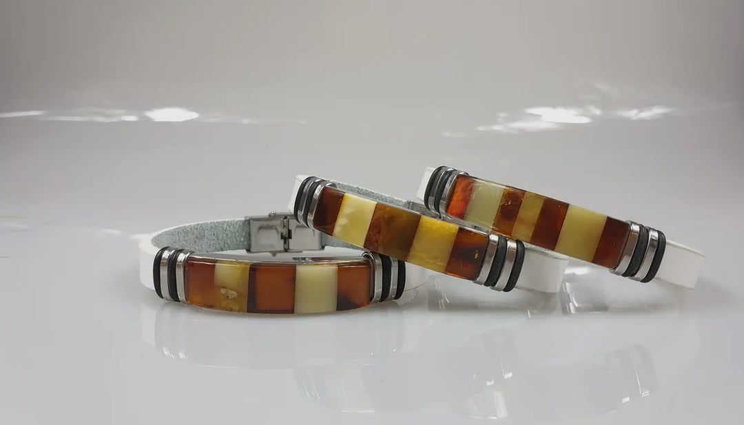 Men's White Leather and Baltic Amber Bracelet