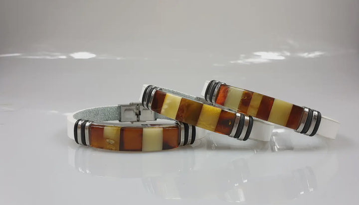 Men's White Leather and Baltic Amber Bracelet