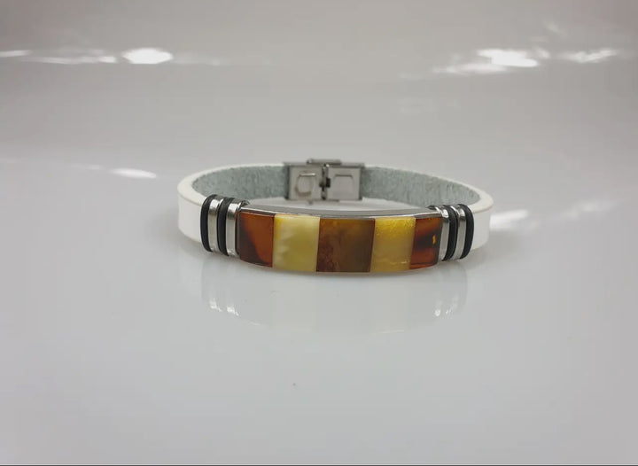 Men's White Leather and Baltic Amber Bracelet