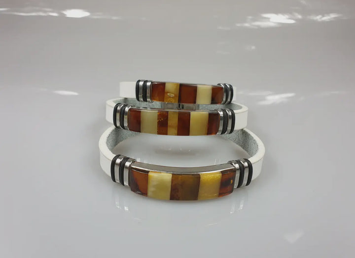 Men's White Leather and Baltic Amber Bracelet