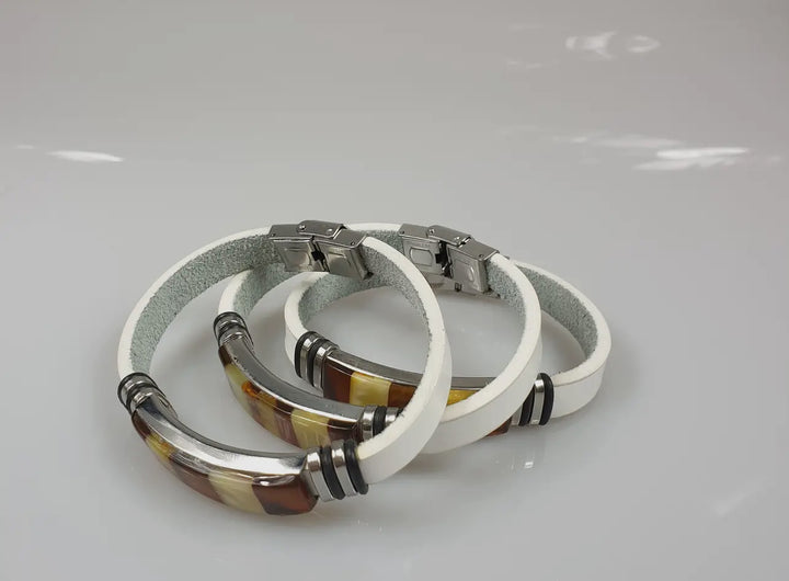 Men's White Leather and Baltic Amber Bracelet