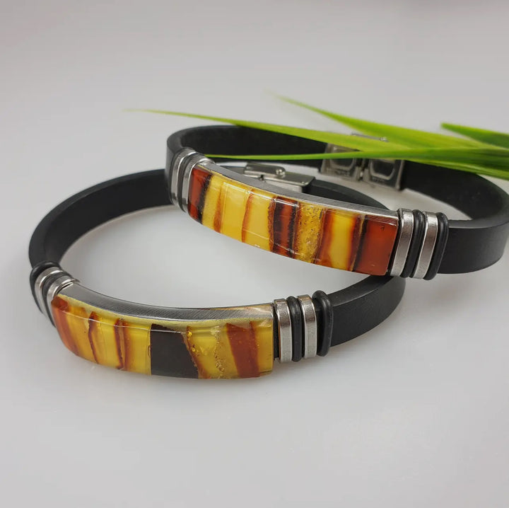 Unisex Black Leather and Amber Bracelet