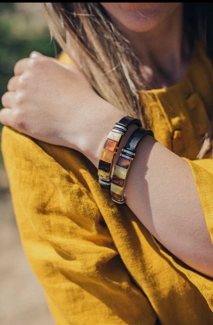 Unisex Black Leather and Amber Bracelet