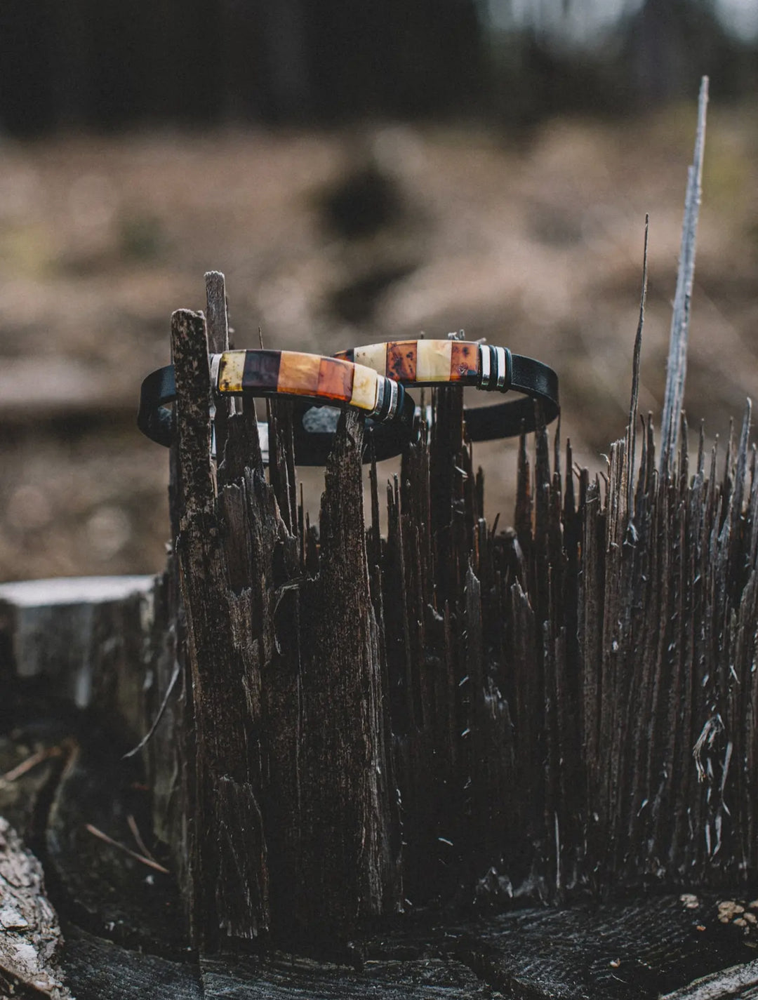 Unisex Black Leather and Amber Bracelet