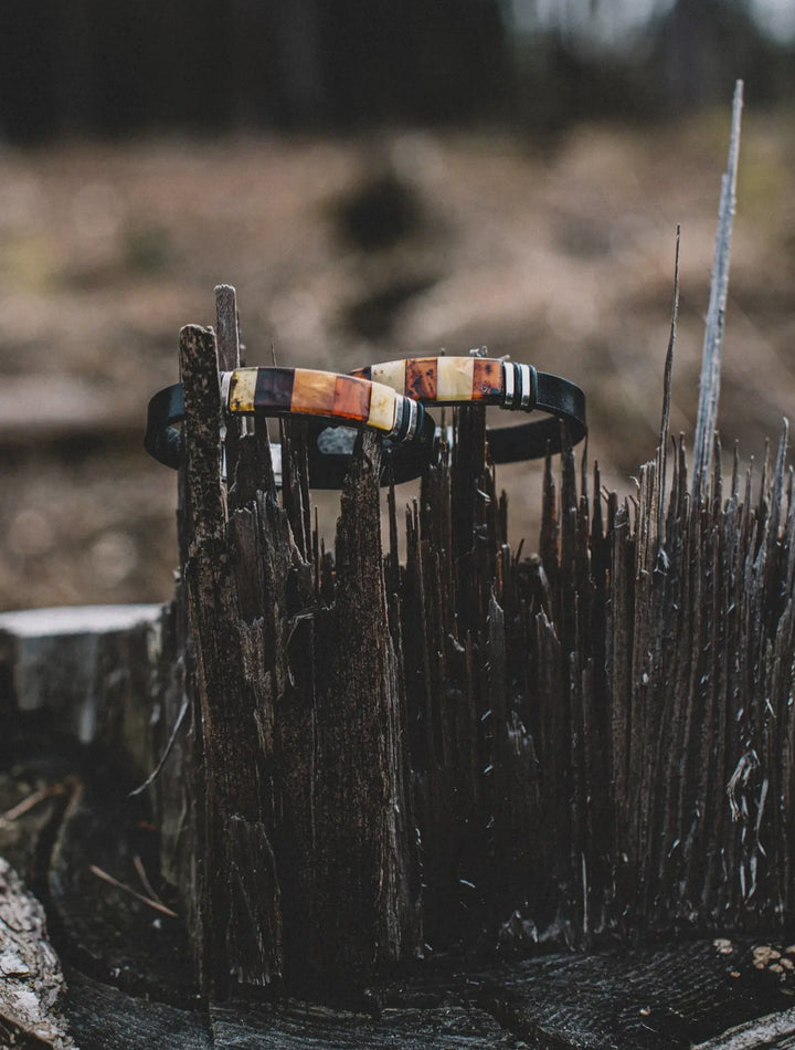 Unisex Black Leather and Amber Bracelet