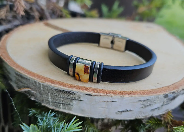 Unisex Black Leather and Amber Bracelet