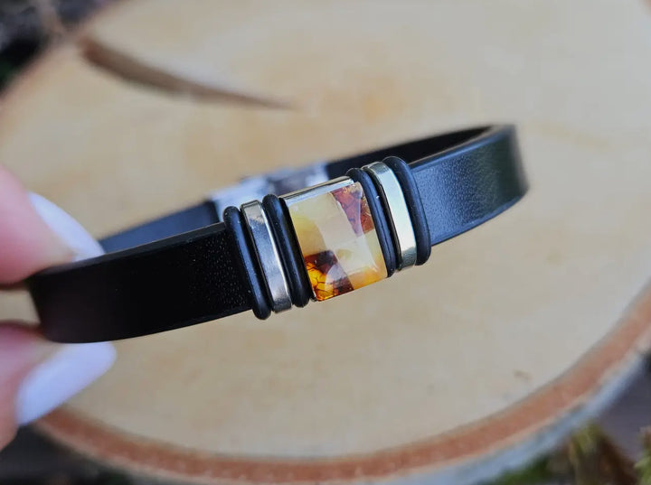 Unisex Black Leather and Amber Bracelet