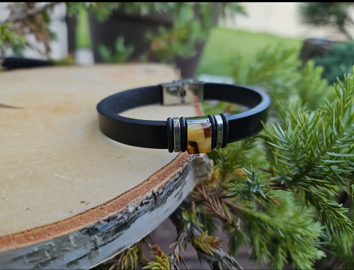 Unisex Black Leather and Amber Bracelet